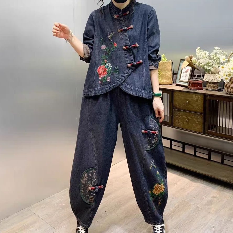 Embroidery Class - 빈티지 단추 느슨한 자수 꽃 데님